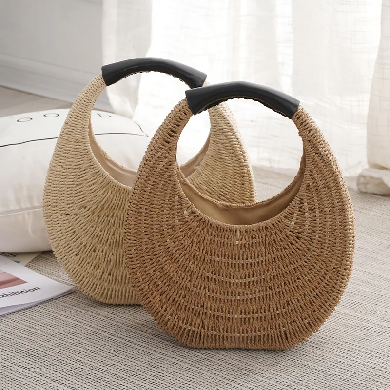 Korean Style Handheld Grass Woven Bag 2023 New Summer Women\'s Handwoven Handbag Leisure Fashion Beach Vacation Simple Round Bag