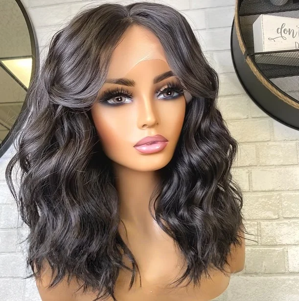 Black Wig Short Bob Body Wavy Lace Front Wig With Bangs Glueless 13x4 HD Pre Plucked Free Part Synthetic And Blend On Clearance