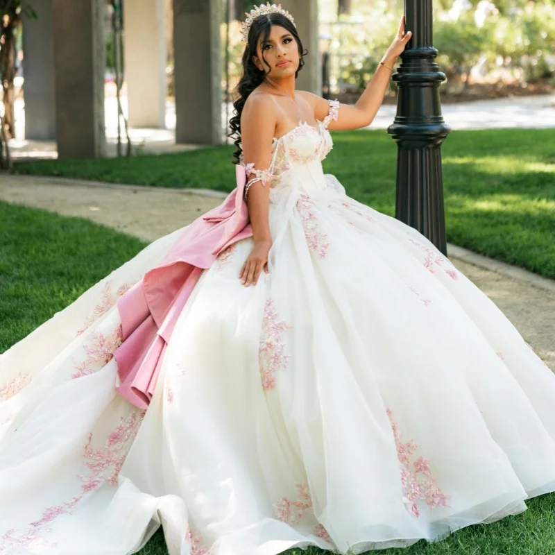 Pink Quinceanera Dress Glitter Crystal 3D Flower Decal Long Tail off-shoulder Layering Vestidos De 15 Quinceanera ﻿Customize