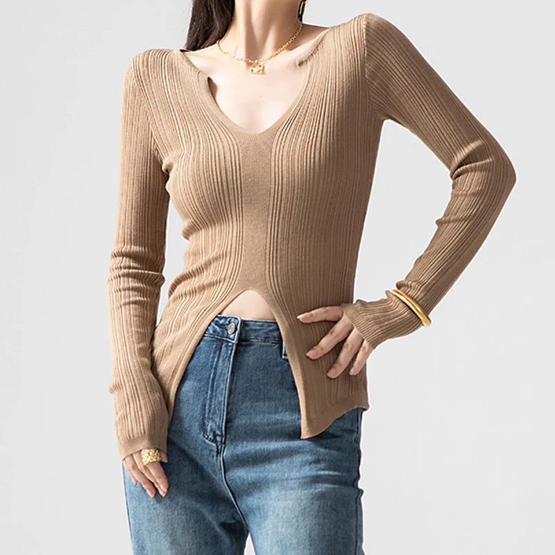 MSCSZ V-Neck Long Sleeve Sweaters For Women Slim Fit Ribbed Knitted Pullover Sweater Women Korean Style Knitwear