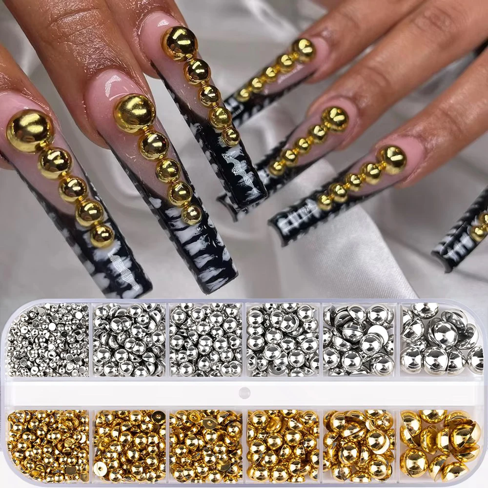 12 Fächer/Box 3D Gold Silber Halbrunde Nagelcharms 0,15-6MM Flache Perlen-Kaviar-Kugeln Nagelsteine DIY für Salon und Zuhause 1/3 Stück