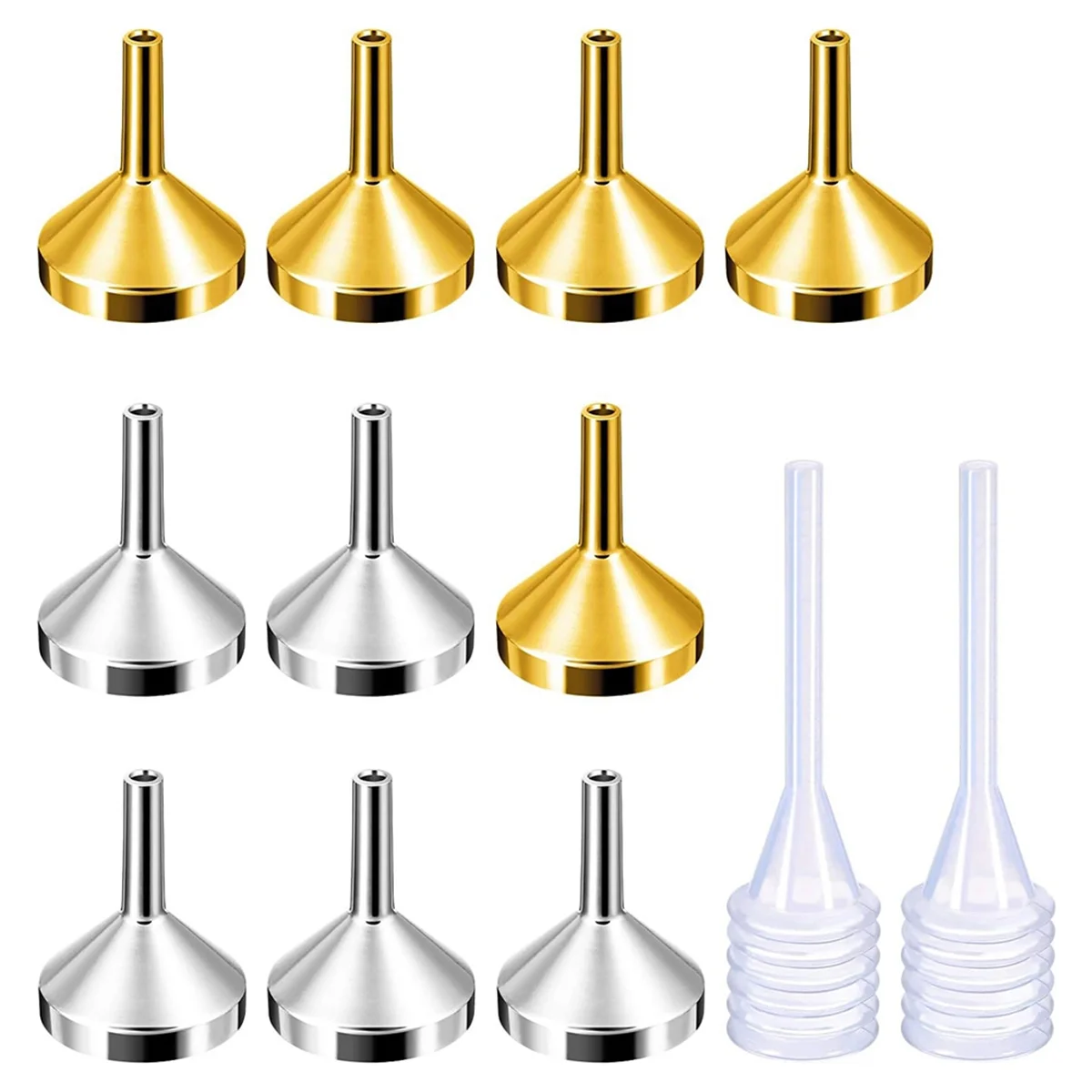 10 Pack Small Metal Funnels with 2 Pack Mini Pipette for Filling Small Mini Bottles or Containers, Perfume, (Silver)