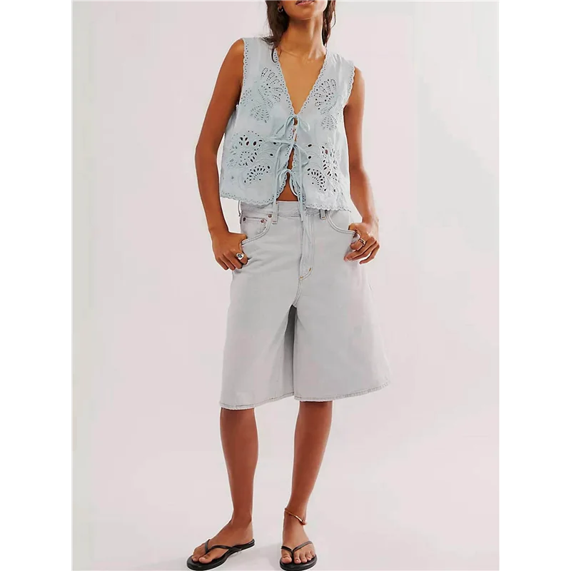 

ABRT-Women Tie Front Vest Floral Eyelet Embroidered Tank Y2K Sleeveless V Neck Crop Shirt Top Cute Going Out Tops