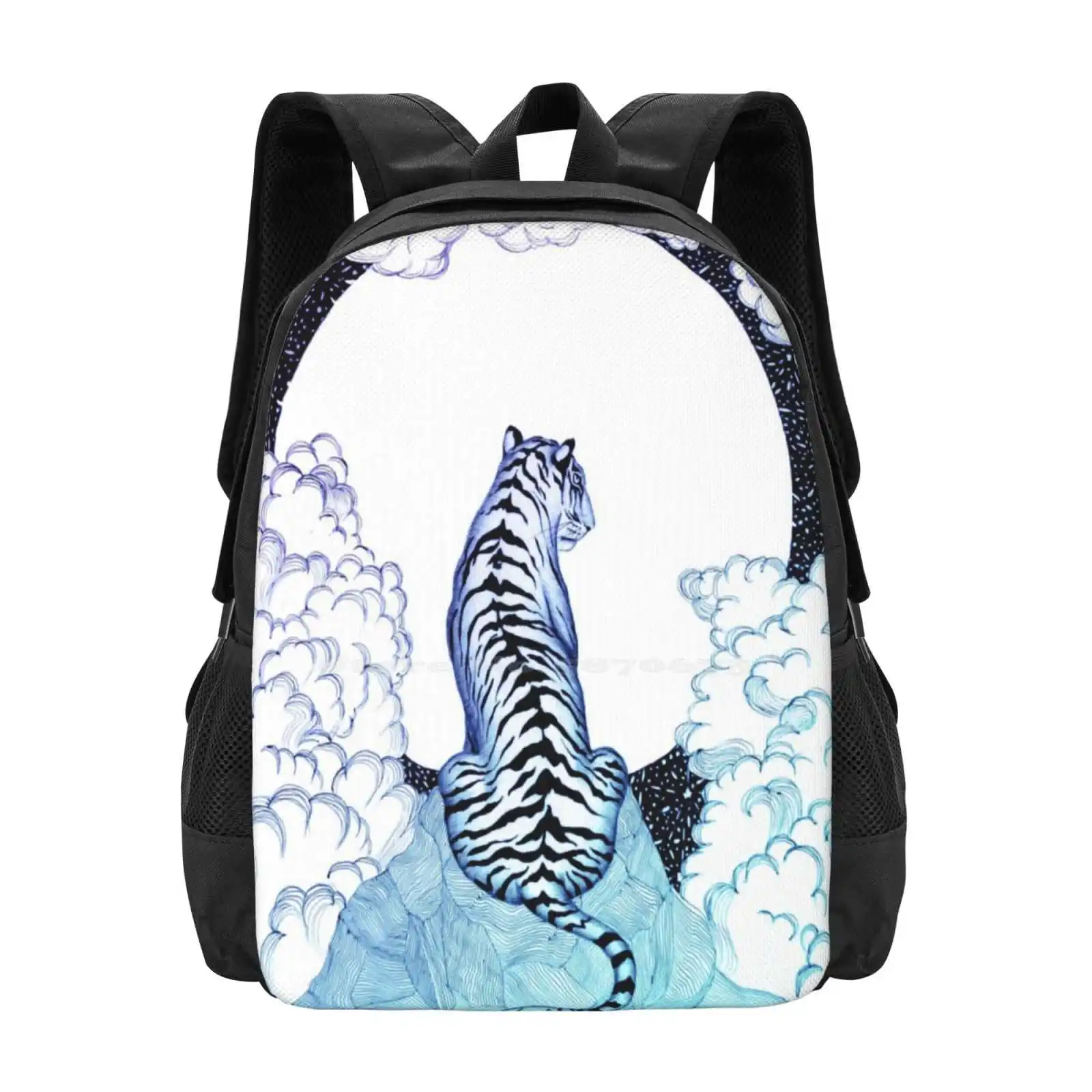 Ombre Tiger Moon Hot Sale Backpack Fashion Bags Fantasy Starry Night Animal Art Pen Art Wildlife Ecmazurart Ecmazur Art Pen And