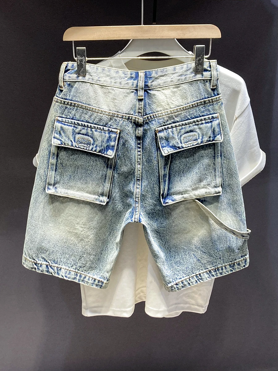 

American Retro Casual Five-Point Workwear Denim orts Men Summer Heavy-Multi-ket Pants Loose Straight Leg Pants