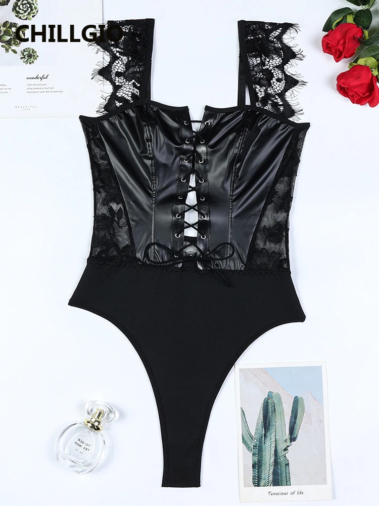 

CHILLGIO Women PU Lace Bodysuits Sexy One Piece Combination Onesie Bodycon One Piece Combination Lace-up Floral Rompers Lingerie