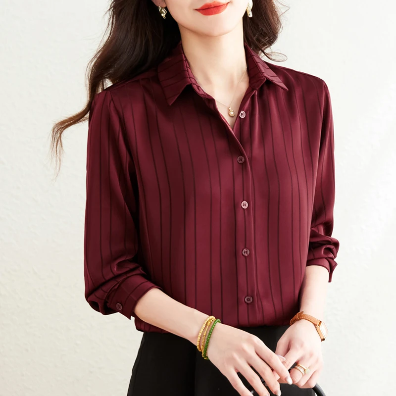 

Striped Shirt Women Vintage Chic Long Sleeve Tops Casual Office Ladies Fashion Turn Down Collar All Match Blouse
