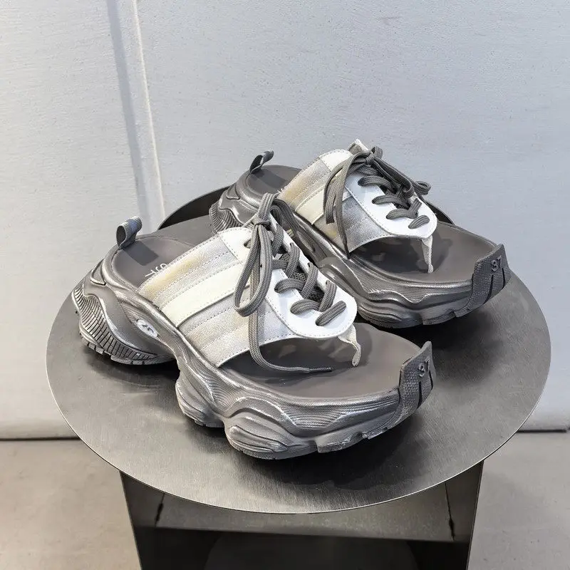 Height Increasing Chunky Platform Sandals Women Sporty Lace-Up Thick Sole Open Toe Casual Summer Slides Casual Brand Slippers