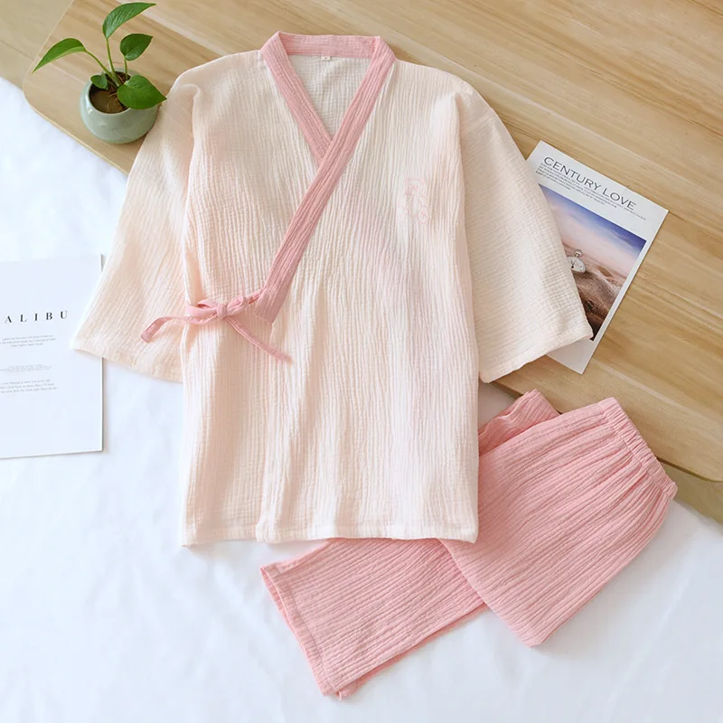 Spring/Summer New Japanese Kimono Suit Ladies 100% Cotton Crepe Pajamas Long Sleeve Pants Two Piece Loose Lace Up Homewear