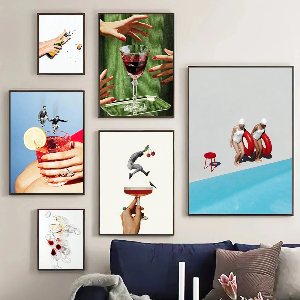 Fun Cocktail Kitchen&Dining Wall Art Pictures Red Wine Champagne Bottle Pop Canvas Painting Synchronised Swimmers Poster Prints