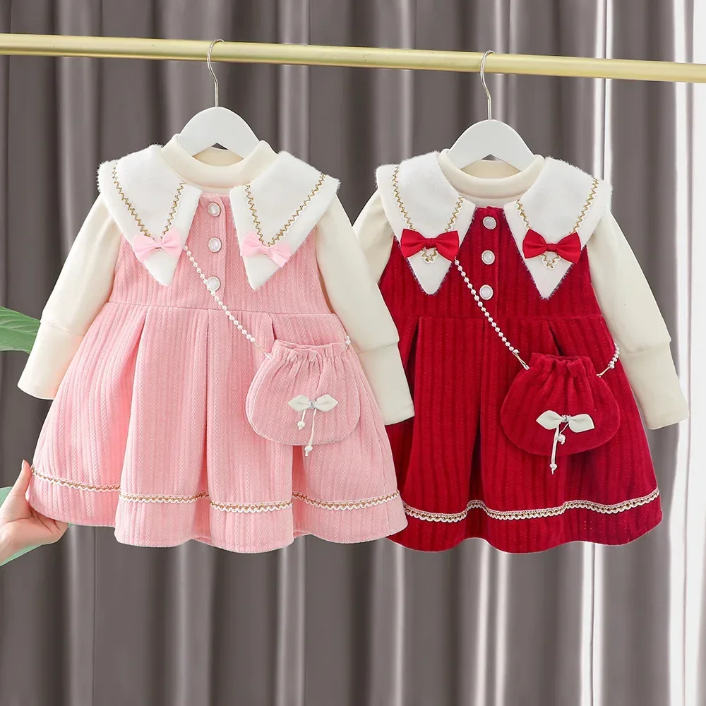 Autumn Toddler Winter Baby Girls Dress Kids Red Christmas New Year Plush Warm Dress Infant Clothing Set Top+skirt For 1-4 Years