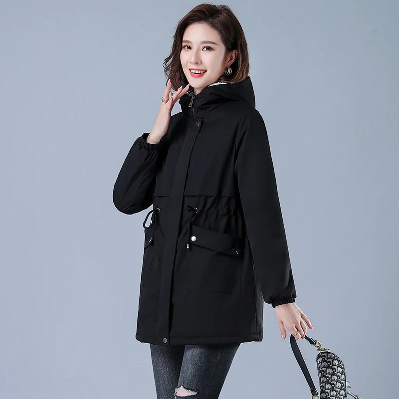 Winter New Jacket Cotton Warm Puffer Coat Women Casual Parkas with Lining Plush Hooded Trench Outwear Female Clothes