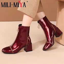 MILI-MIYA Fashion Design Women Cow Patent Leather Ankle Boots Solid Color Zippers Thick Heels Plus Size 34-42 Handmade For Lady