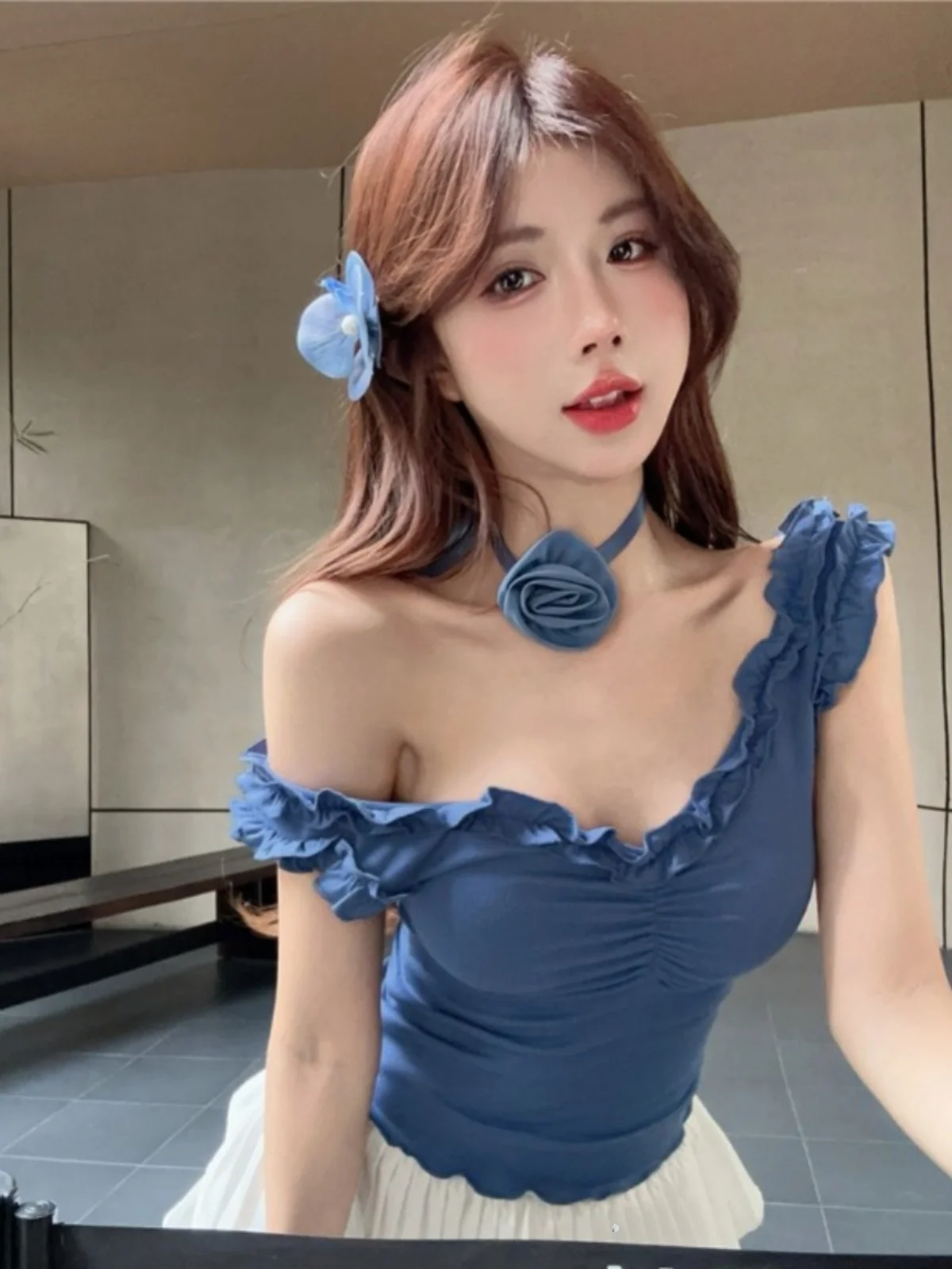 

Chic oulder Bared ort Sve T-irt Women's Summer Pure Desire Sweet Spicy Girl Ne Hanging Flower Print Top Sli Be...