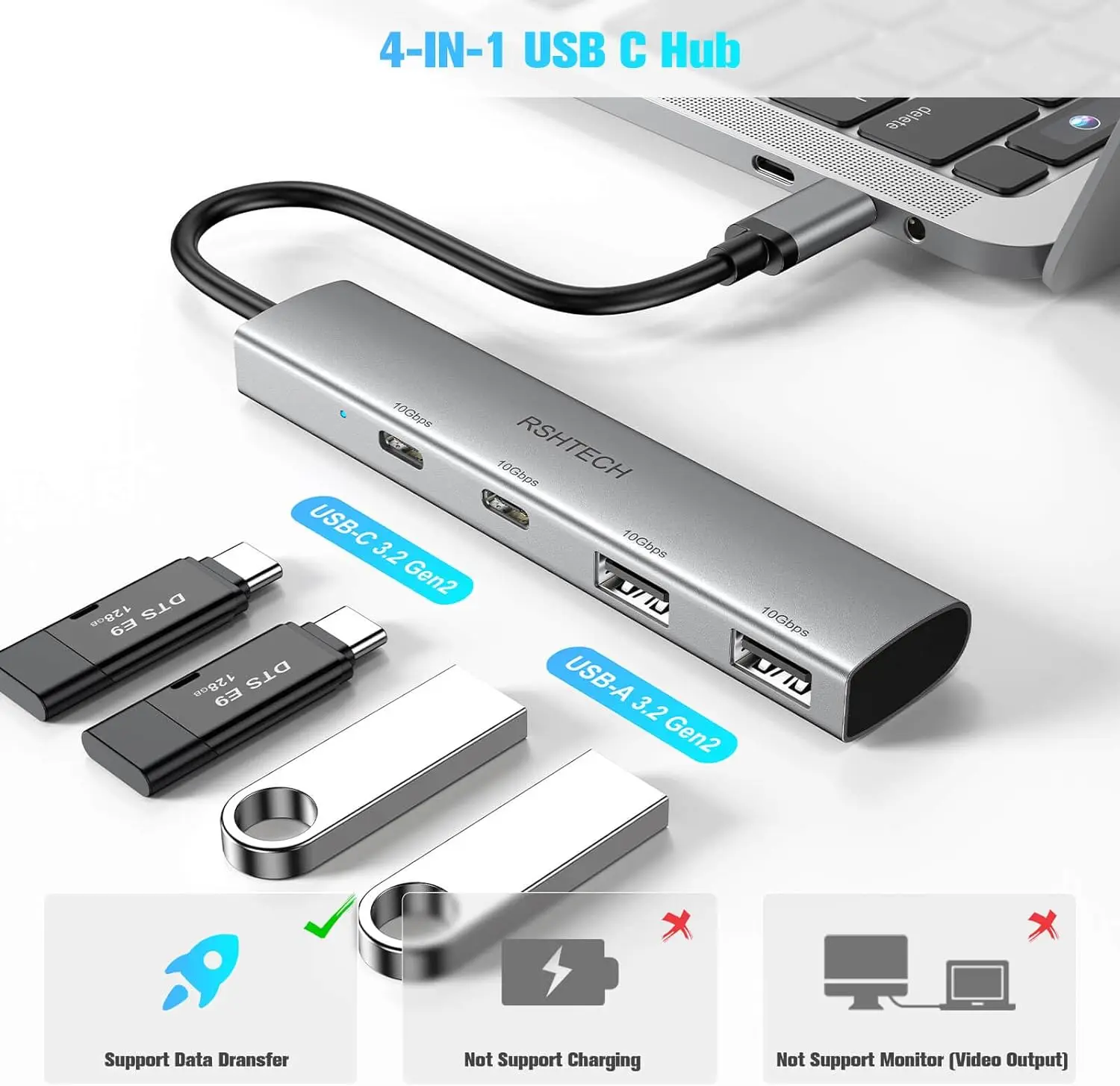 RSHTECH USB Type C Hub Super Speed 10Gbps 2 USB-C and 2 USB-A Data Ports Portable Aluminum USB Splitter for Laptop MacBook Smartphones OTG Support