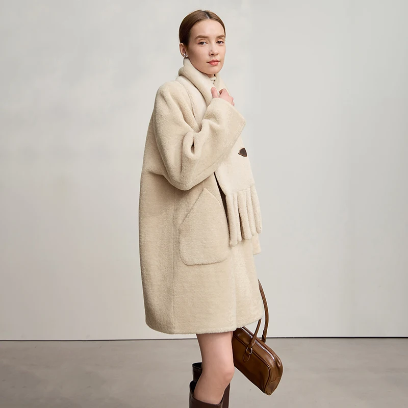 Amii Fur Coat Woman 2025 Winter New O-Neck Loose Medium And Long Tops With Scarf Warm Long Sleeve Elegant Fur Jacket 12554011