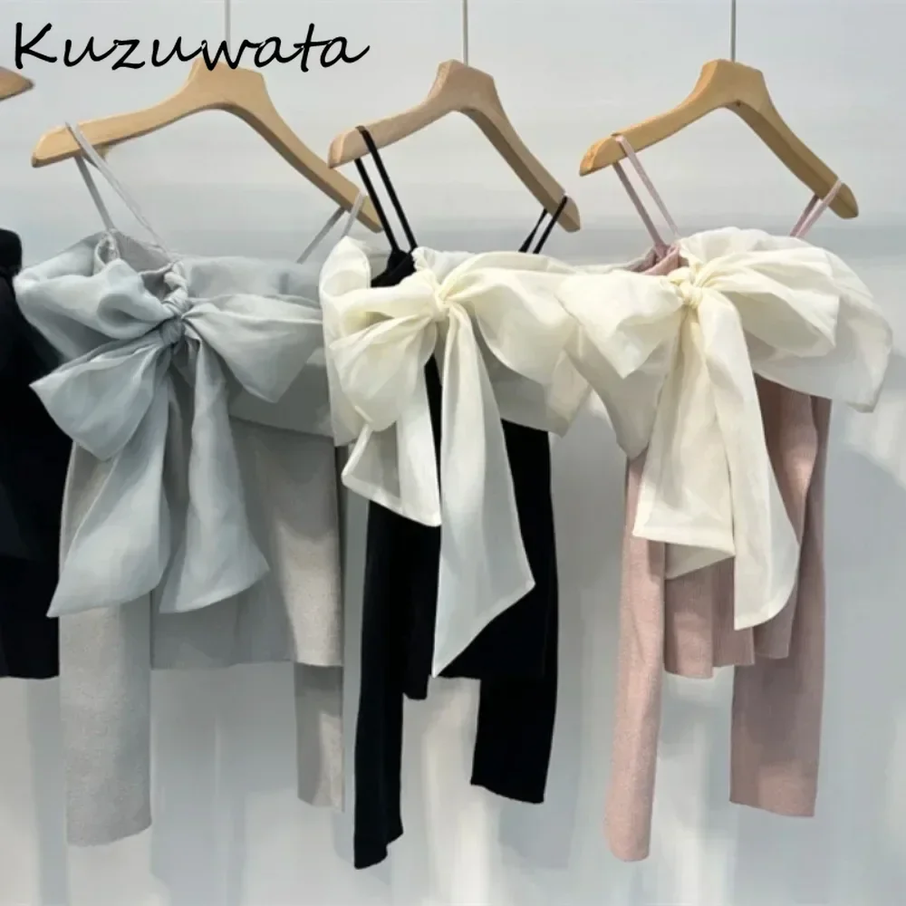 Kuzuwata New Sweet Chiffon Slash Neck Long Sleeve Pullovers Patchwork Off Shoulder Spaghetti Bow Jumper Japan Lace Up Knit Mujer