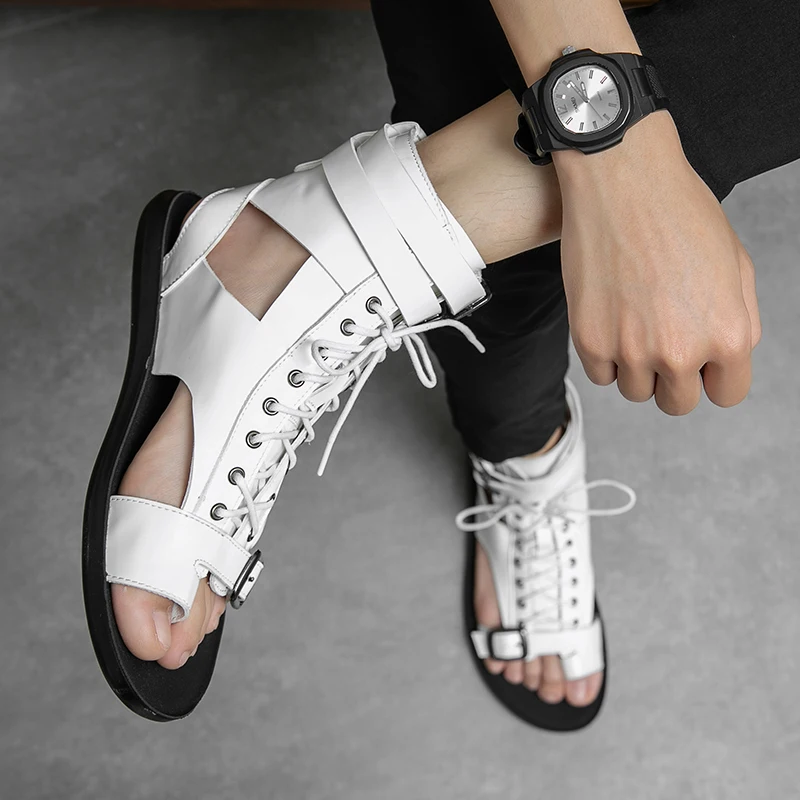 White Sandals for Men Leather 2023 Summer New Beach Roman Sandals Comfortable Shoes Lace-up Outdoor Sandals Fashion Luxury Brand