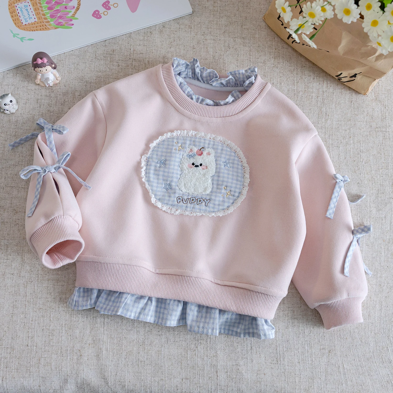 Korean Style Girls' Cartoon Hoodie Fake Two-Piece Sweet Princess Top for Spring Autumn Comfortable Cotton Polyester Blend