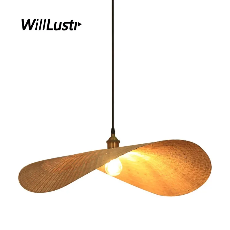 Handmade Bamboo Pendant Lamp Curve Leaf Suspension Light Hotel Cafe Mall Shop Bar Wood Hand Knitted Hanging Ceiling Chandelier