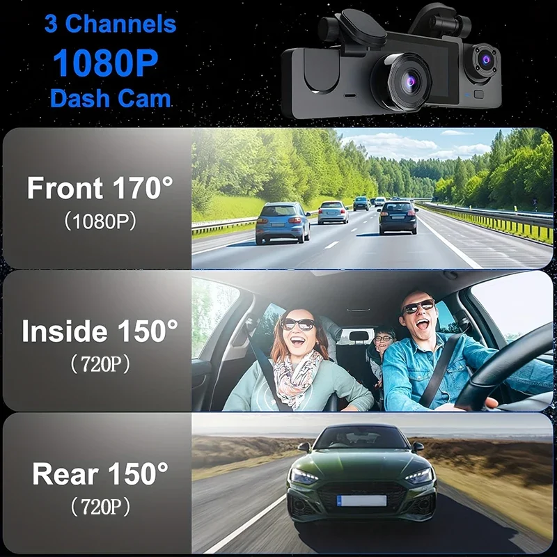 3 Channel Car Camera，Triple Lens WiFi Dashcam, 1080P HD Video Recorder, Night Vision, Car DVR with Wide Angle for Front and Rea