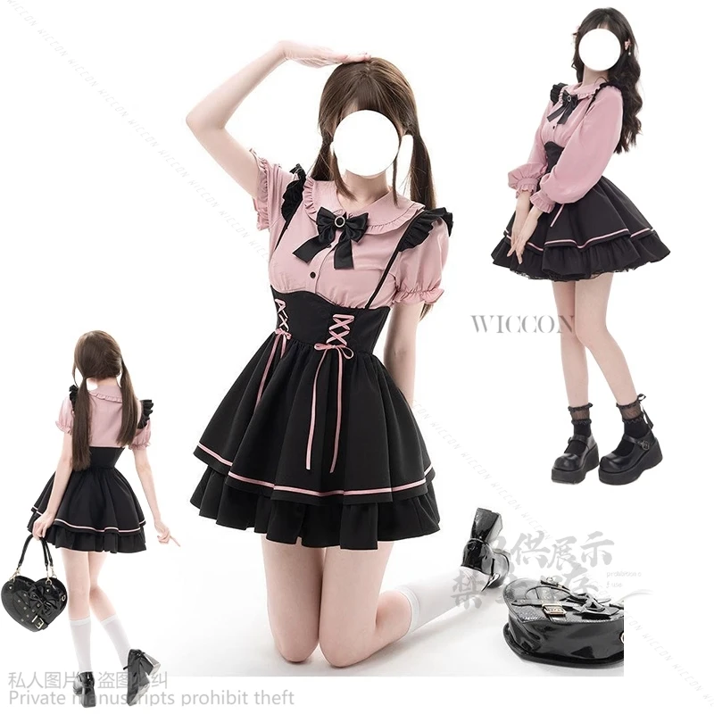 Anime Cosplay Kawaii Girls Roleplay Dress Japanese Lolita Mine Style Pinafore Skirt Pink Kawaii Y2k Kawaii Sweet Bow Girly Belt