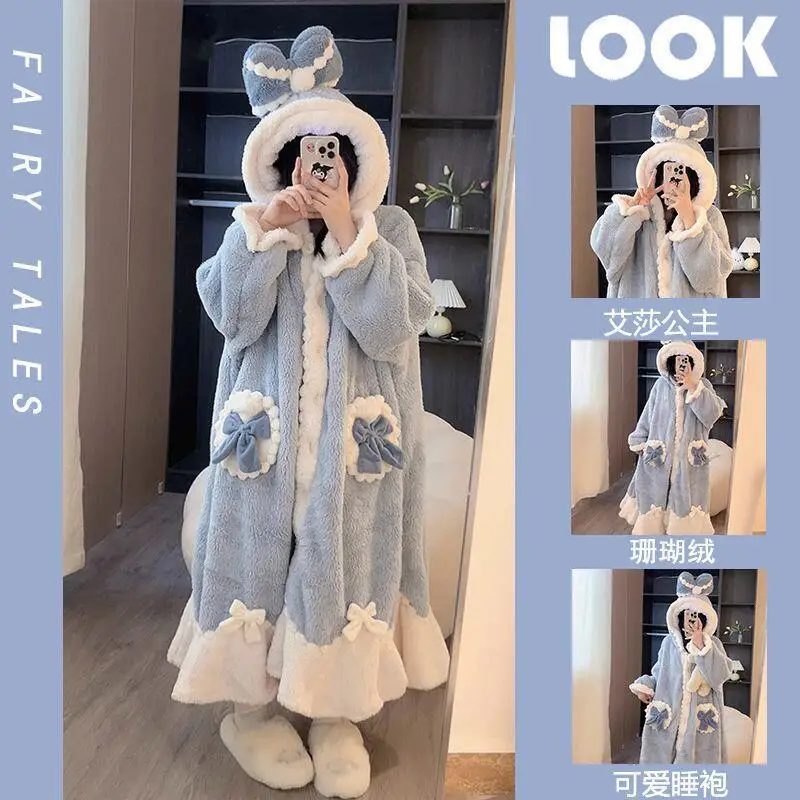 

Bow Robe for Women Sleepwear Nightdress Winter Night Wears Cute Fleece Pajama One Piece Nightgown Hooded Long Sleeve Homewear