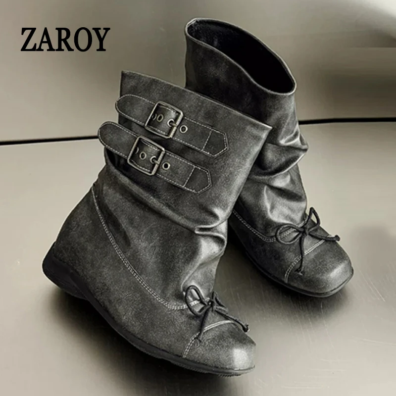 ZAROY Designer Women Ankle Boots Autumn Winter Vintage Punk Buckle Flat Motorcycle Boots Butterfly Knot Modern Chelsea Booties image 3