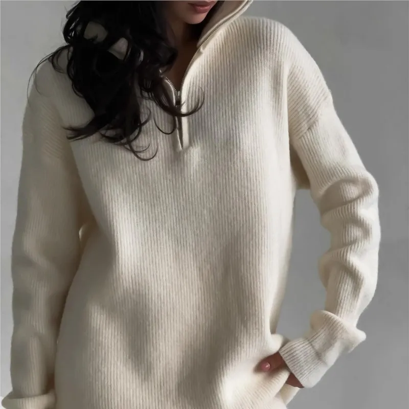 

2025 Spring Autumn New Women's Chic Casual Half-Zip Collared Knit Two-Piece Set Elegant Solid Color Sweater Set