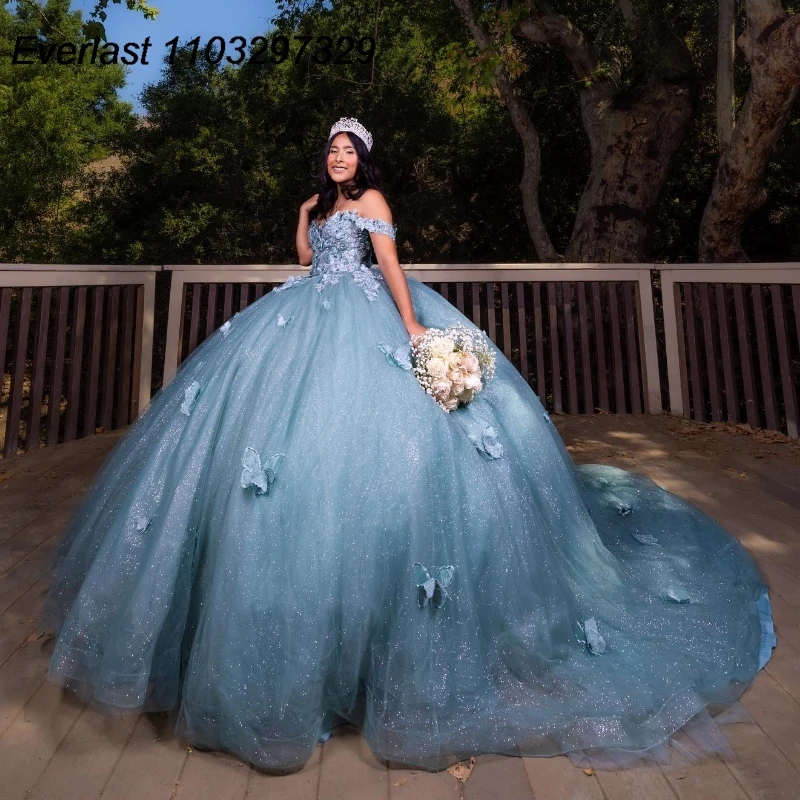 EVLAST-Robe de RhQuinceanera bleue brillante mexicaine, appliques papillon 3D, corset de perles, Sweet 16, robe de Rhéducative, TQD894