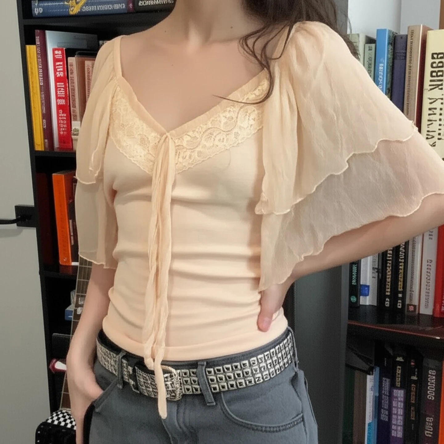 

IAMHOTTY Lace Patchwork Tie-up Bow V-neck Top Summer Tiered Flying Sleeve T-shirt Coquette Aesthetic Slimming Clothing Women