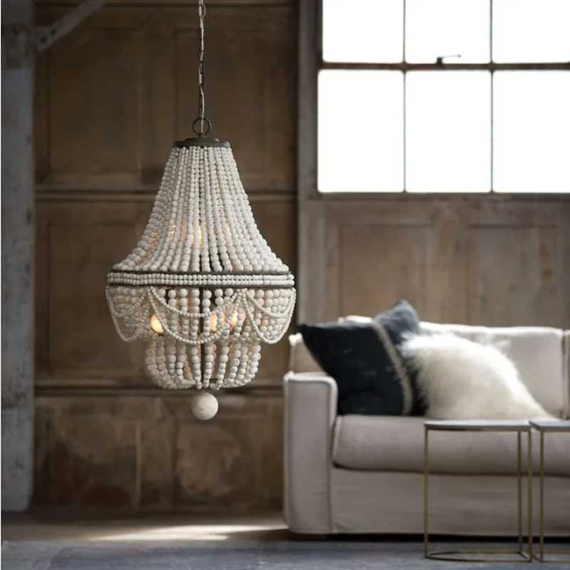 American Country Wooden Bead Pendant Lamp For Living Room Home Decor European Bohemian White E14 Led Bulb Chandeliers Lamp