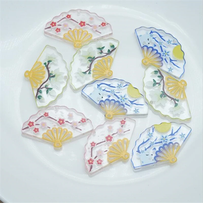 10 Pieces New Retro Resin Fan Charms Double Hole Acrylic Beads Connectors Diy Ornament Hair Earrings Jewelry Making Accessories