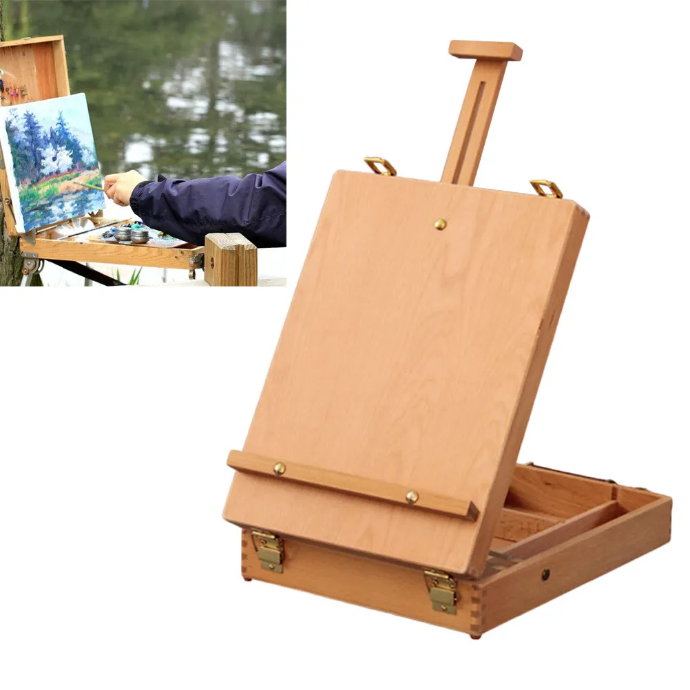 

Wooden Table Box Easel with Adjustable Height and Angle for Outdoor Painting Storage Carry Handle Sketching Desk Easel