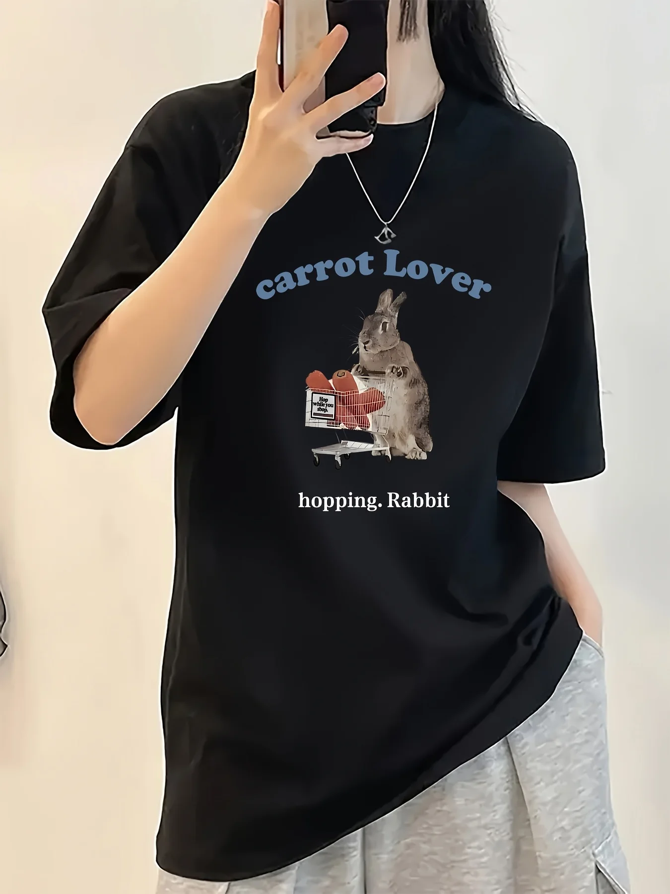 Women Short Sleeve T Shirt Vintage Rabbit Shopping Cart Graphic Crew Neck Tees Soft Casual Tops For Women Daily Street Wear