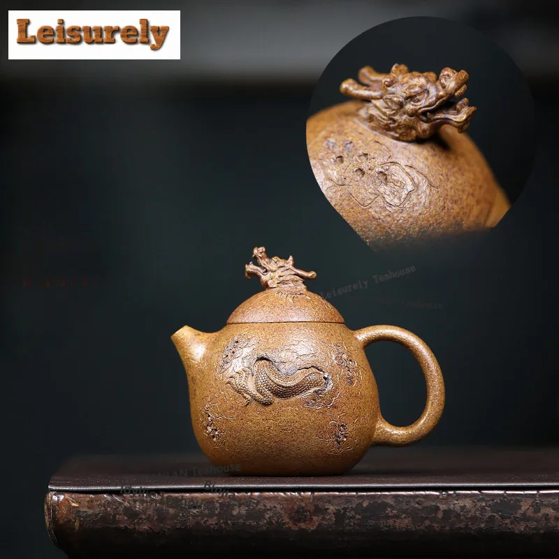290ml Yixing Purple Clay Teapots Handmade Dragon Pot Raw Ore Wood-fired Porcelain Mud Tea Brewing Kettle With Strainer Zisha