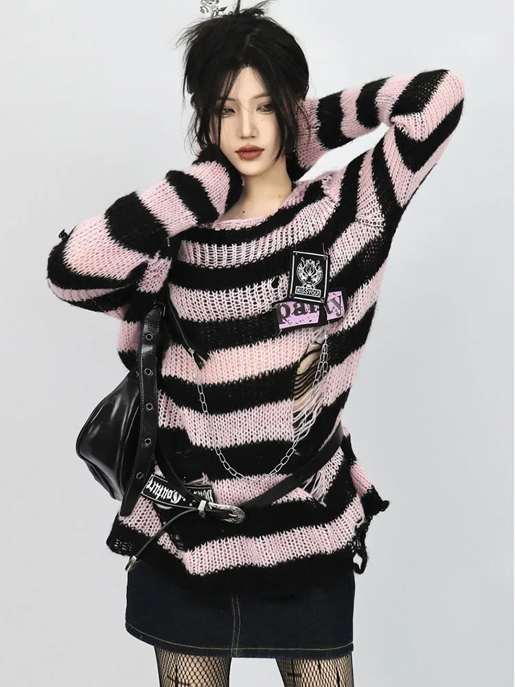 Women 2000s Aesthetic Japanese Harajuku Fashion Baddie Striped Jumper Oversize Ripped Knitwears E-girl Sweater Y2k Streetwear