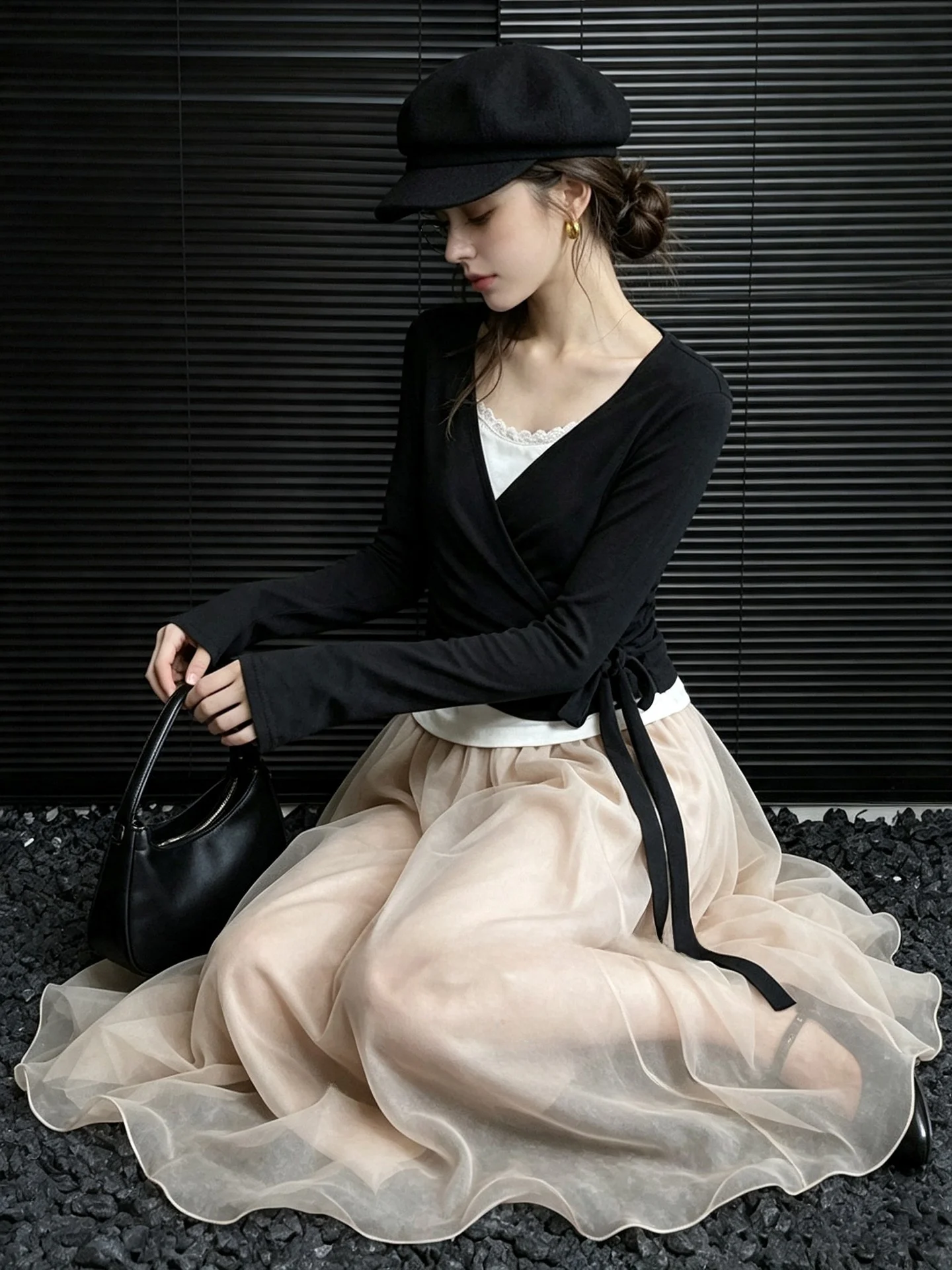 Huaappuw Gentle Pink High Waist A-Line Midi Skirt Women's Fashion Autumn New Arrival Gauzy Elegance French Style Polyester Fiber