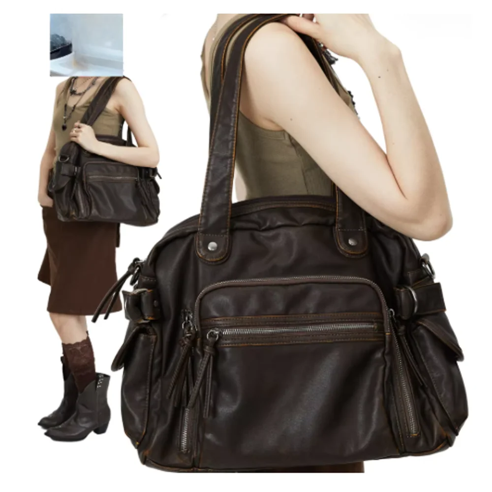 

Сумка-тоут в стиле ретро, мотоциклетная сумка, мягкая сумка из искусственной кожи, большая вместительная сумка на плечо, сумка через плечо Y2k в стиле панк с несколькими карманами