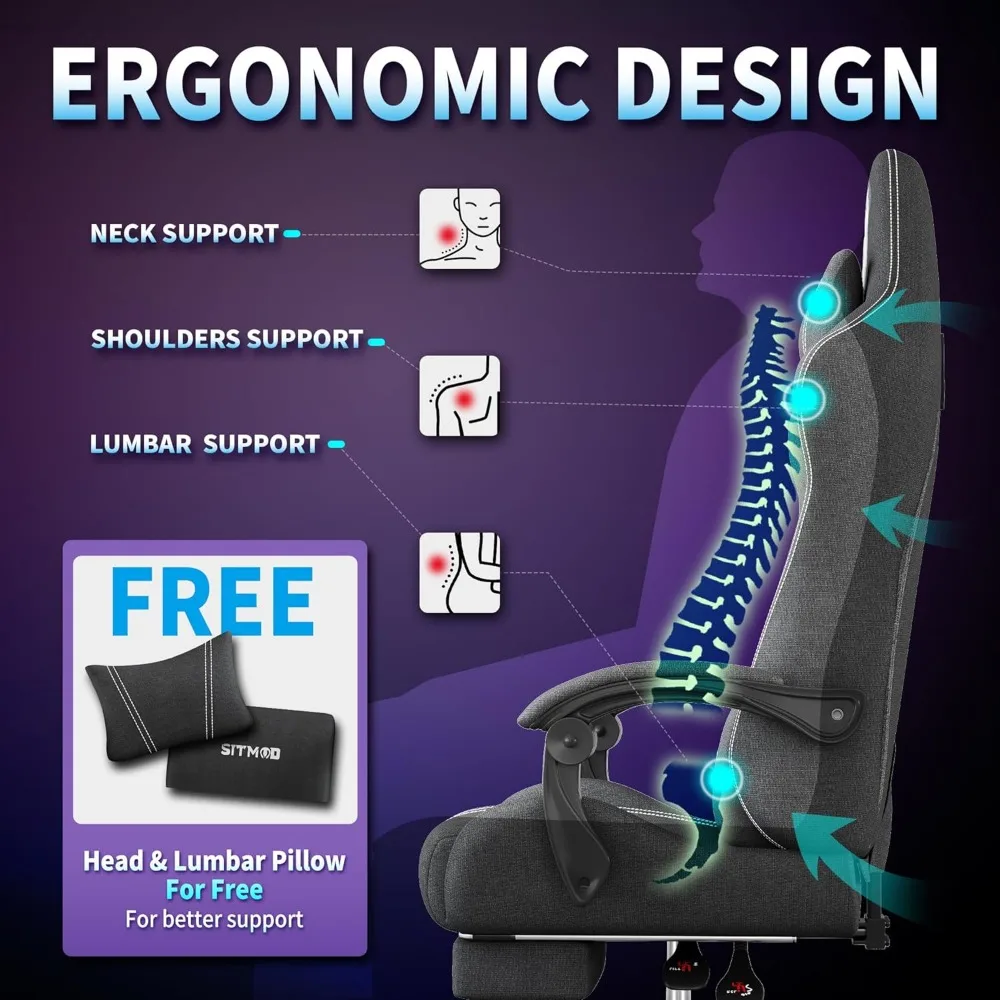 كرسي ألعاب مريح من القماش مع مسند للقدمين، كرسي كمبيوتر مسامي للكبيرة والطويلة، وسادة داعمة للفقرات القطنية، ألعاب مريحة #4