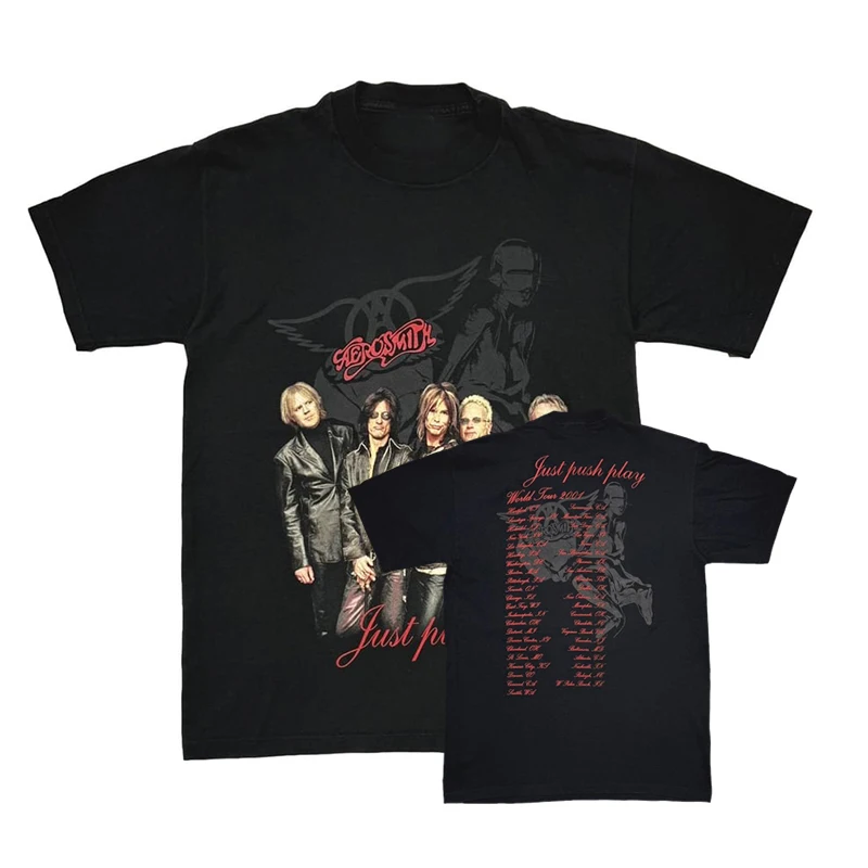 Black Men's Cotton T-Shirt AEROSMITH Graphic Double Sided Print Black Metal Rock Women's Popular Short Sleeve Top Streetwear