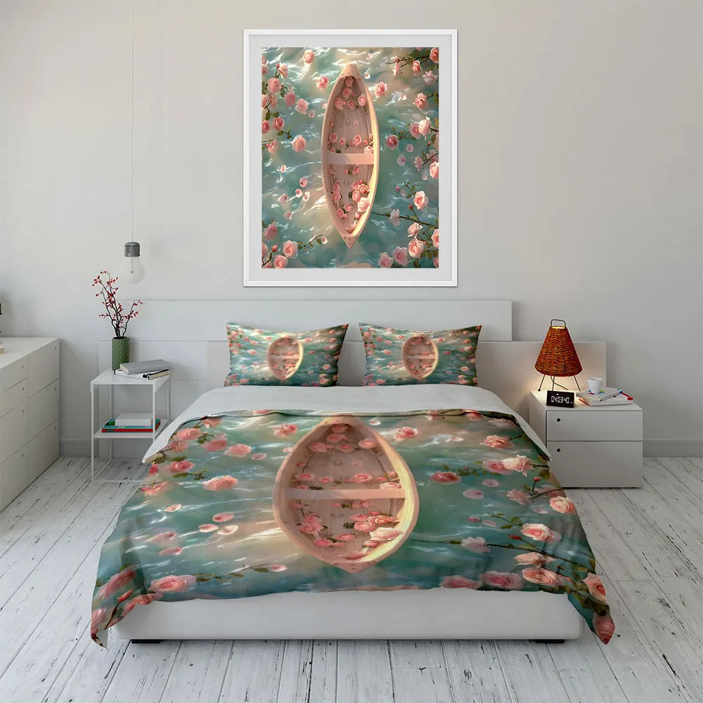 Romantic boat with floating roses Pattern Duvet Cover Set Digital Print Colorful Polyester Bedding with Zipper Closur for gifts