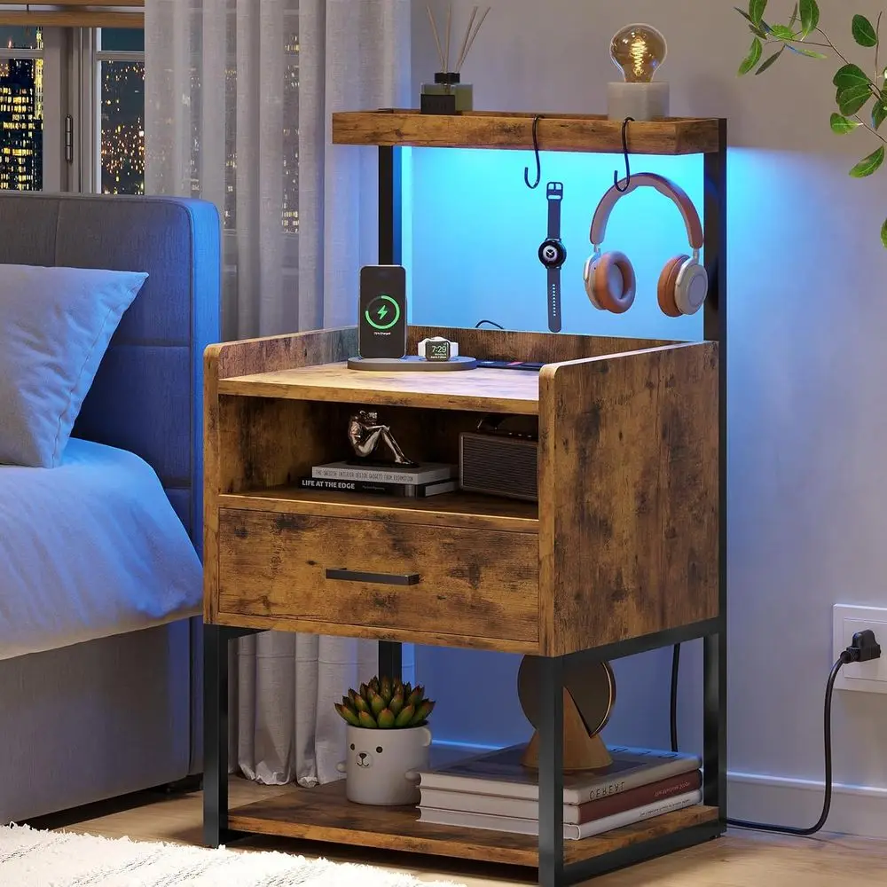 

Rustic Brown Nightstand with Charging Station, LED Lights, and Open Storage Shelves for Bedroom or Office