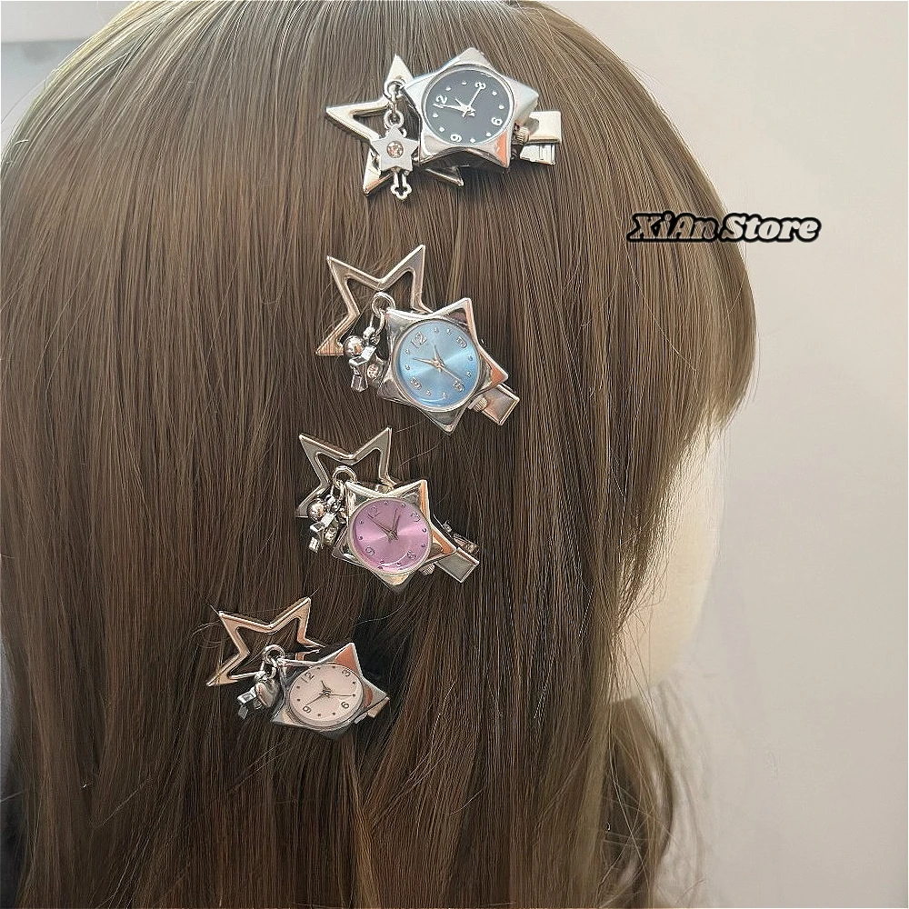 Punk Aesthetics Star Watch Hair Clip Silver Alloy Dangle Charm Hair Barrette Practical Time Decor Accessory Subculture Girls