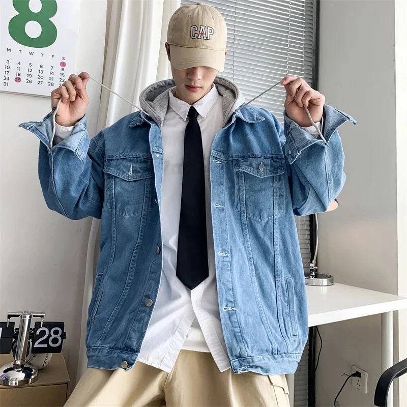 Spring new oversized men's hooded denim jacket for couples loose fitting versatile street fashion trend