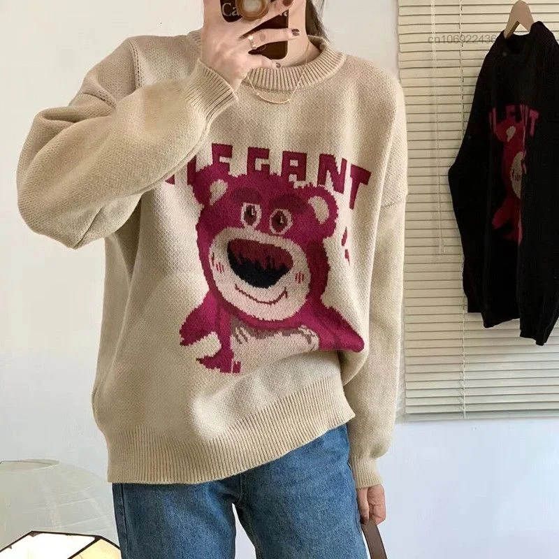 Disney Lotso Women Fashion Clothes Korean Style Sweater Female Autumn Winter Rounde Neck Cute Pullover Y2k New Cartoon Knit Tops