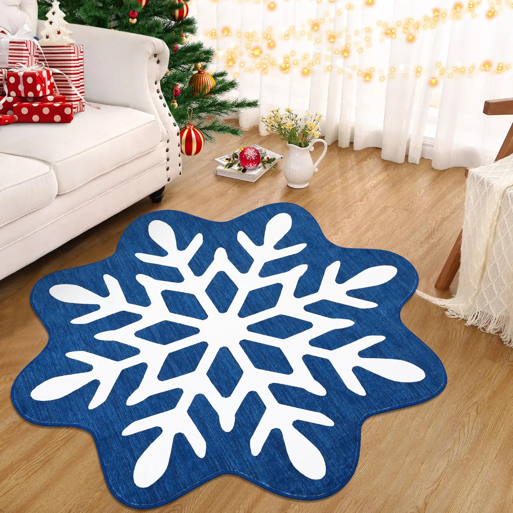 VIKAMA Christmas Snowflake Rug Stain-Resistant And Machine-Washable Bathroom Mat Bedroom Entrance Rug Bedside Carpet Home Décor
