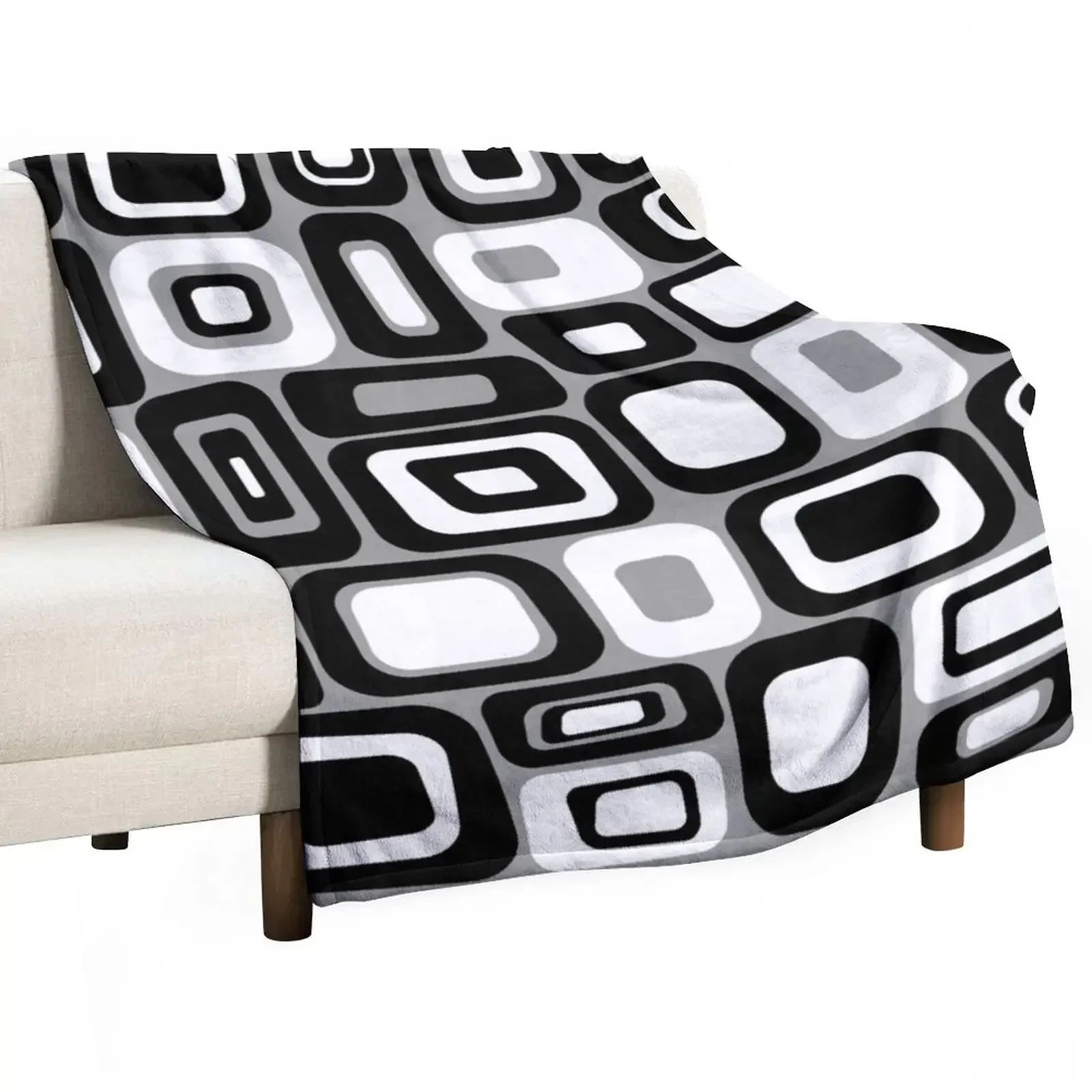 Gray, Black and White Modern Retro Geometric Mid Century Design Throw Blanket Furry Bed Blankets