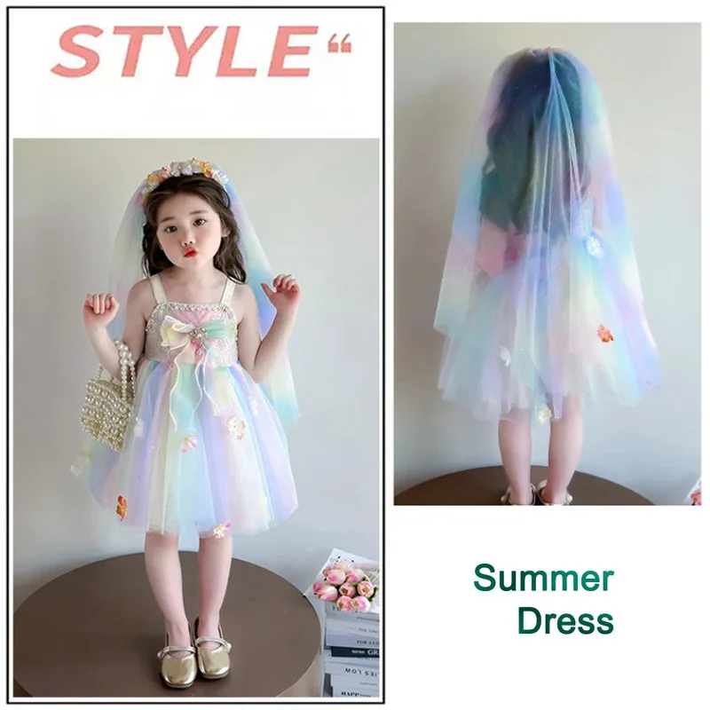 

Girls Baby Rainbow Flower Fairy Princess Dress Children Fantasy Deluxe Birthday Costume Kids Bowknot Mesh Gown Headwear Sets