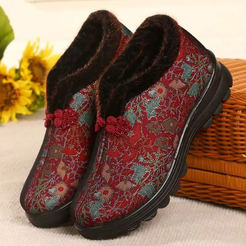 

Новые зимние хлопковые ботинки на плоской подошве для пожилых людей, хлопковые ботинки на толстой подошве, нескользящие свободные туфли без шнуровки с круглым носком, плюшевые теплые утолщенные хлопковые туфли